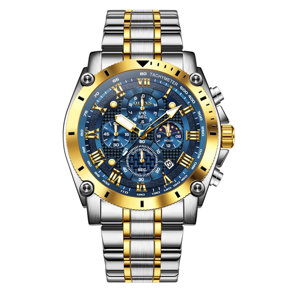 OLEVS 3689 Luxury Chronograph Moon Phase Quartz Watch for Men - Two Tone Blue Watch | Olevs Watch Store