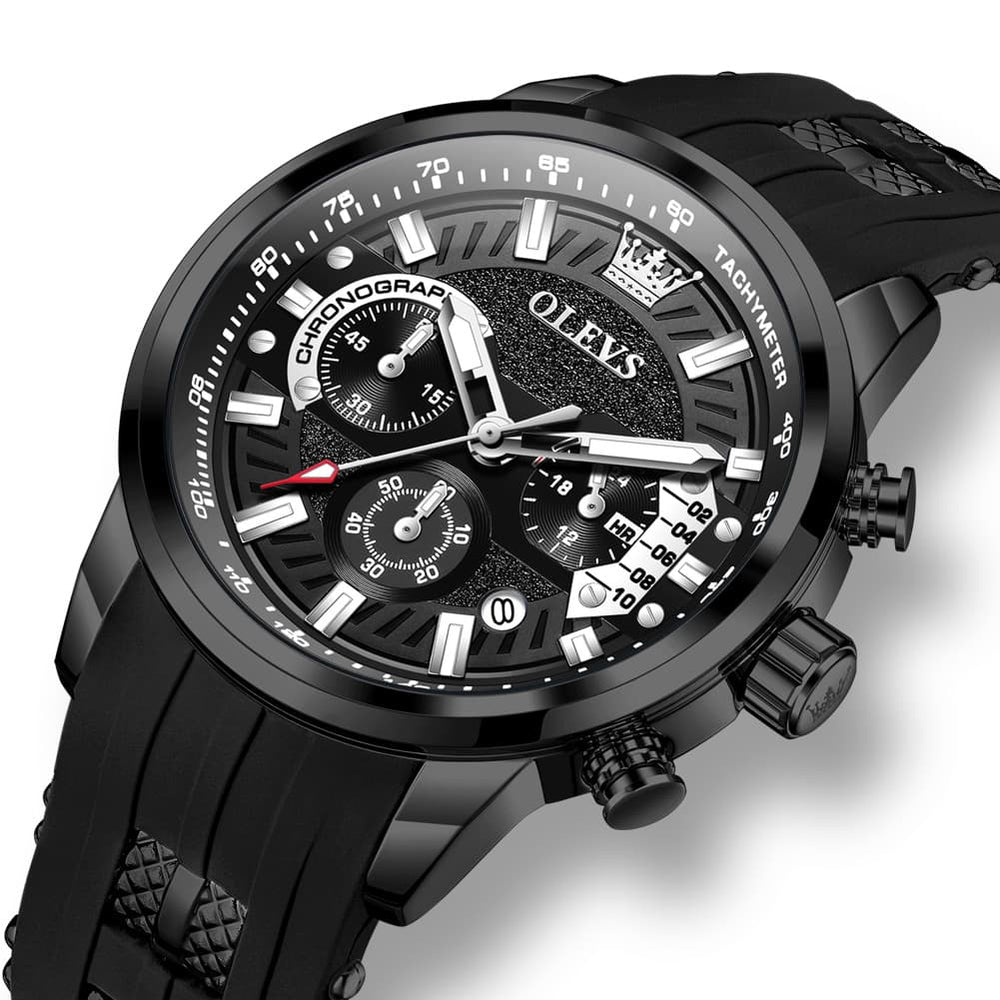 OLEVS 3690 Chronograph Silicone Mens Watch Multifunctional - All Black Watch | Olevs Watch Store