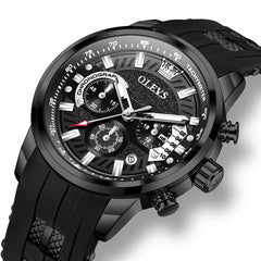 OLEVS 3690 Chronograph Silicone Mens Watch Multifunctional - All Black Watch | Olevs Watch Store