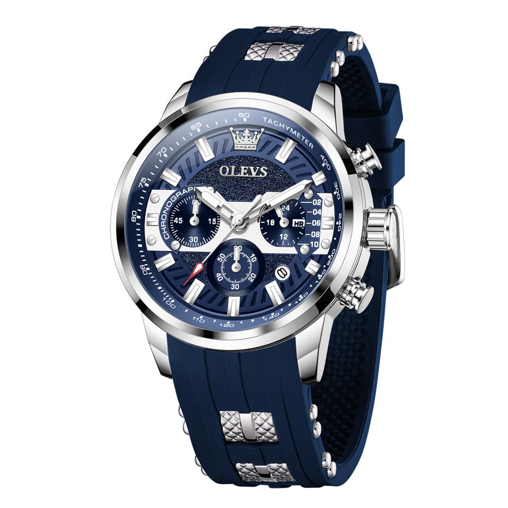 OLEVS 3690 Chronograph Silicone Mens Watch Multifunctional - Silver Black Watch | Olevs Watch Store