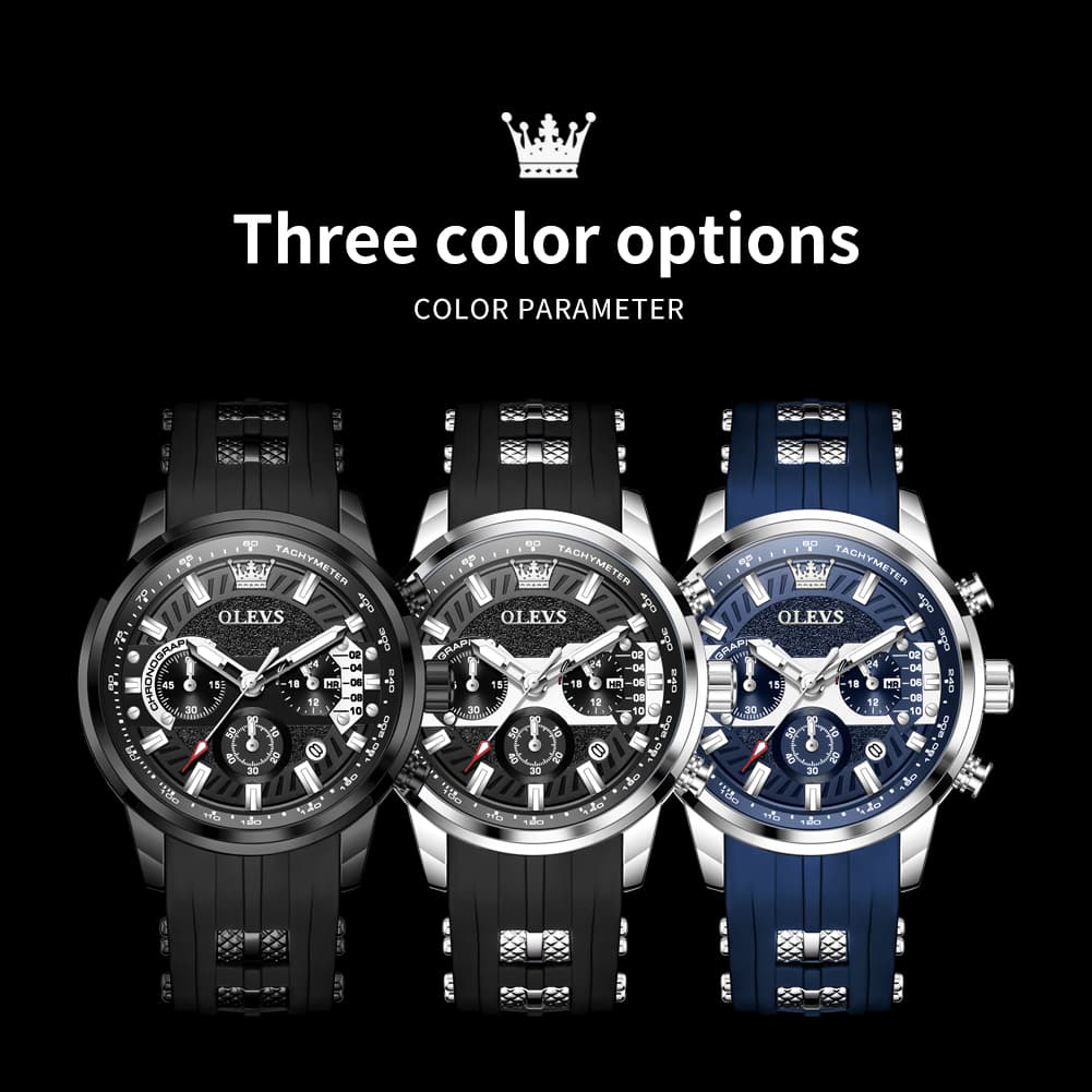 OLEVS 3690 Chronograph Silicone Mens Watch Multifunctional - Silver Black Watch | Olevs Watch Store