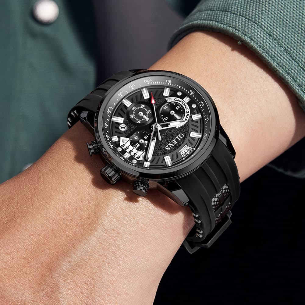 OLEVS 3690 Chronograph Silicone Mens Watch Multifunctional - Silver Black Watch | Olevs Watch Store