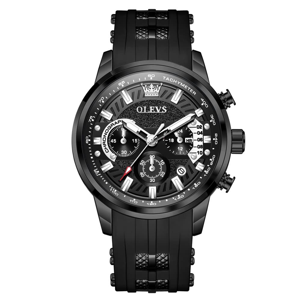 OLEVS 3690 Chronograph Silicone Mens Watch Multifunctional - Silver Black Watch | Olevs Watch Store