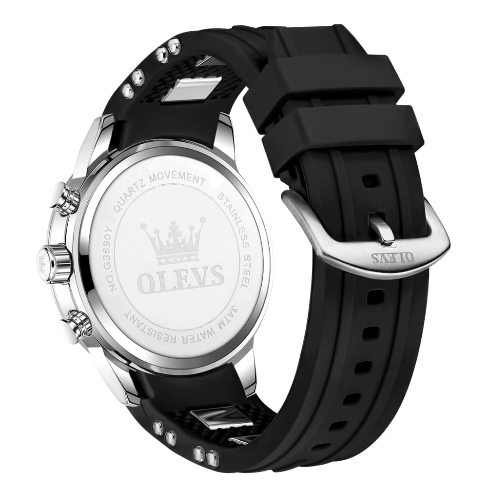 OLEVS 3690 Chronograph Silicone Mens Watch Multifunctional - Silver Black Watch | Olevs Watch Store