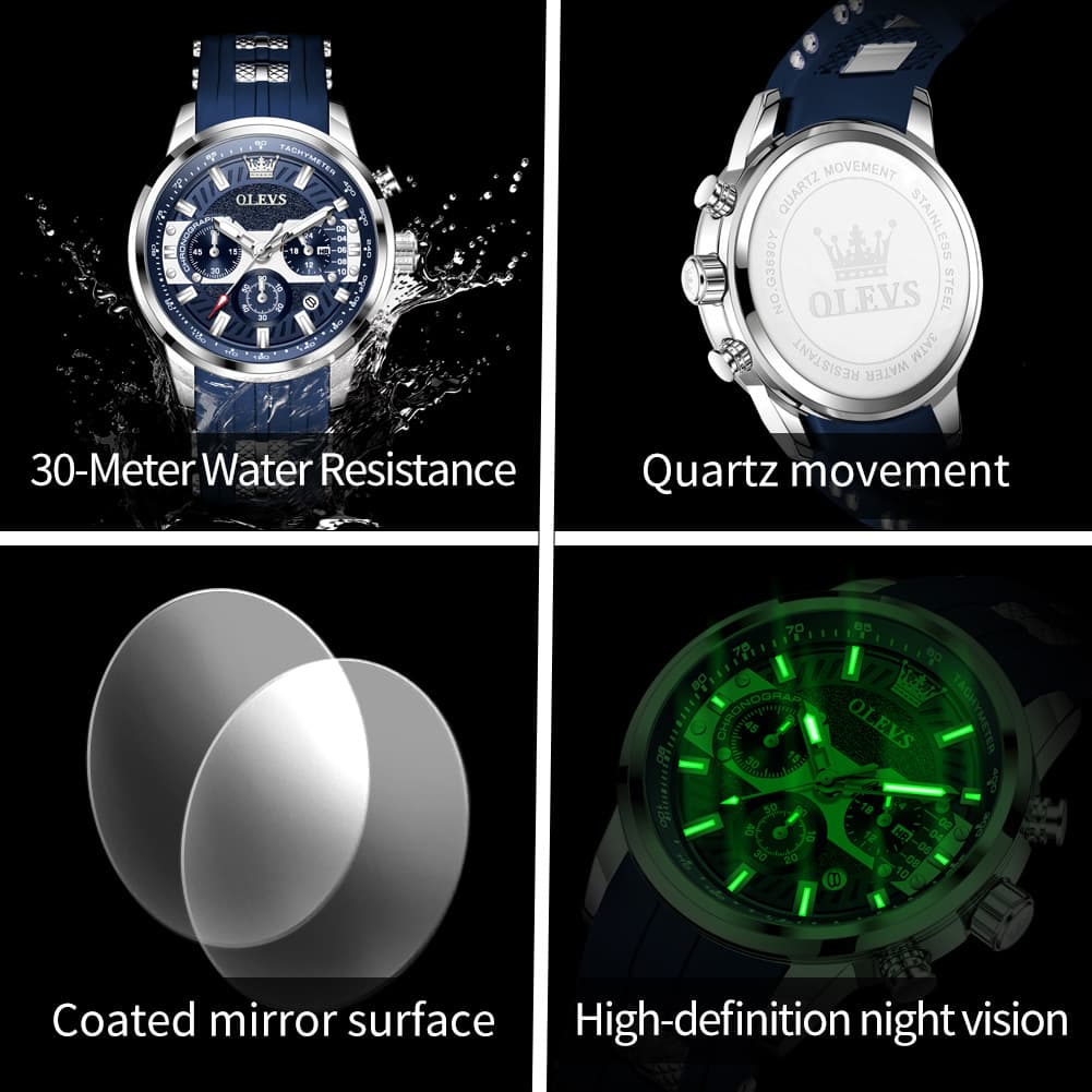 OLEVS 3690 Chronograph Silicone Mens Watch Multifunctional - Silver Black Watch | Olevs Watch Store