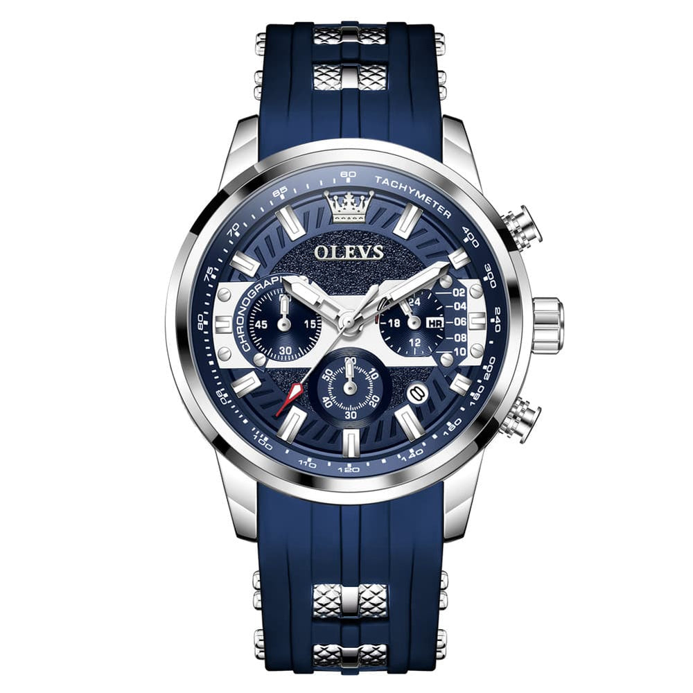 OLEVS 3690 Chronograph Silicone Mens Watch Multifunctional - Silver Black Watch | Olevs Watch Store