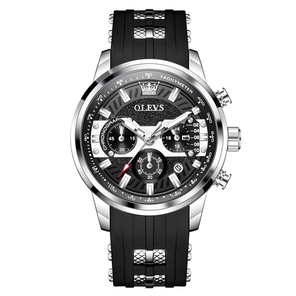 OLEVS 3690 Chronograph Silicone Mens Watch Multifunctional - Silver Black Watch | Olevs Watch Store