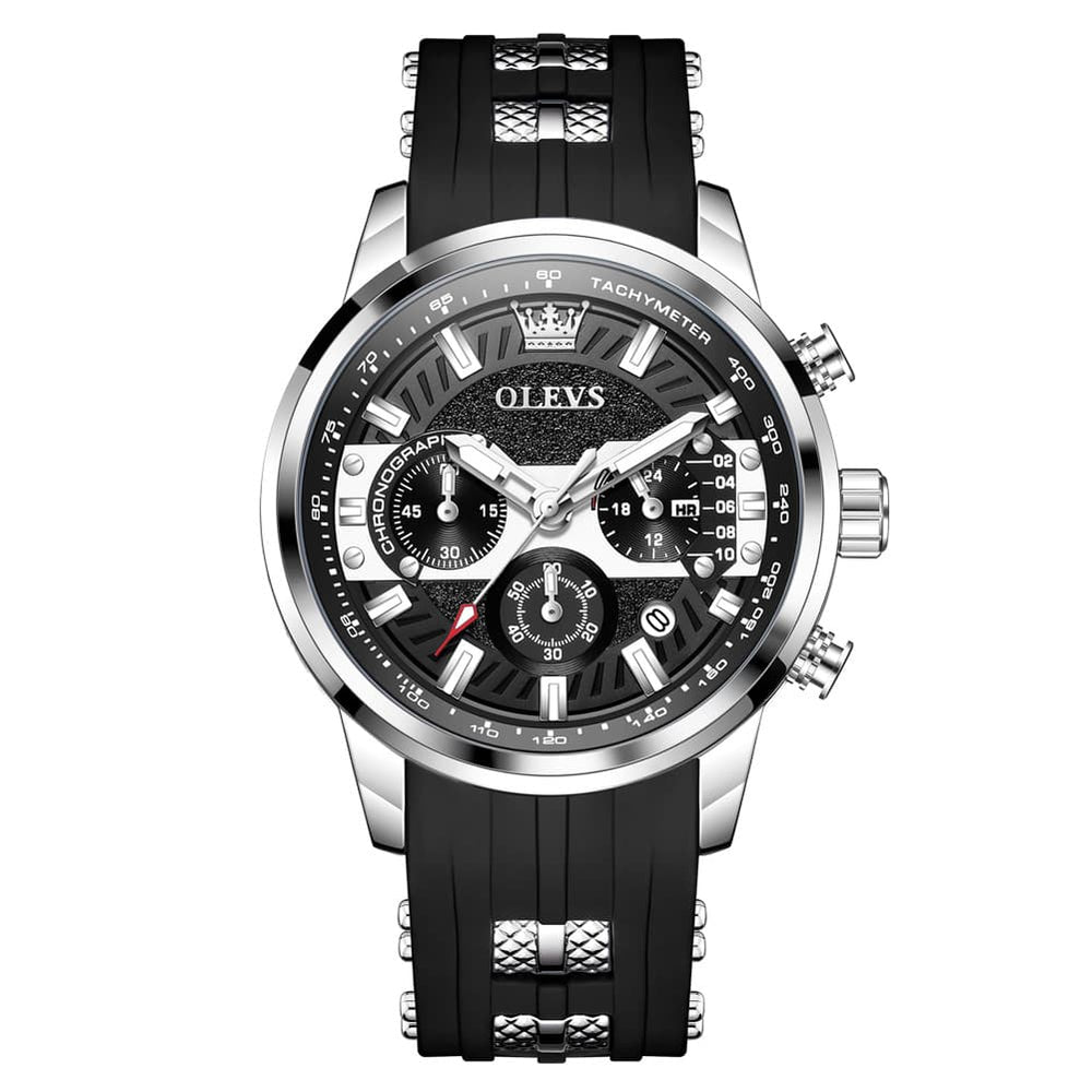OLEVS 3690 Chronograph Silicone Mens Watch Multifunctional - Silver Black Watch | Olevs Watch Store