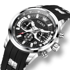 OLEVS 3690 Chronograph Silicone Mens Watch Multifunctional - Silver Black Watch | Olevs Watch Store