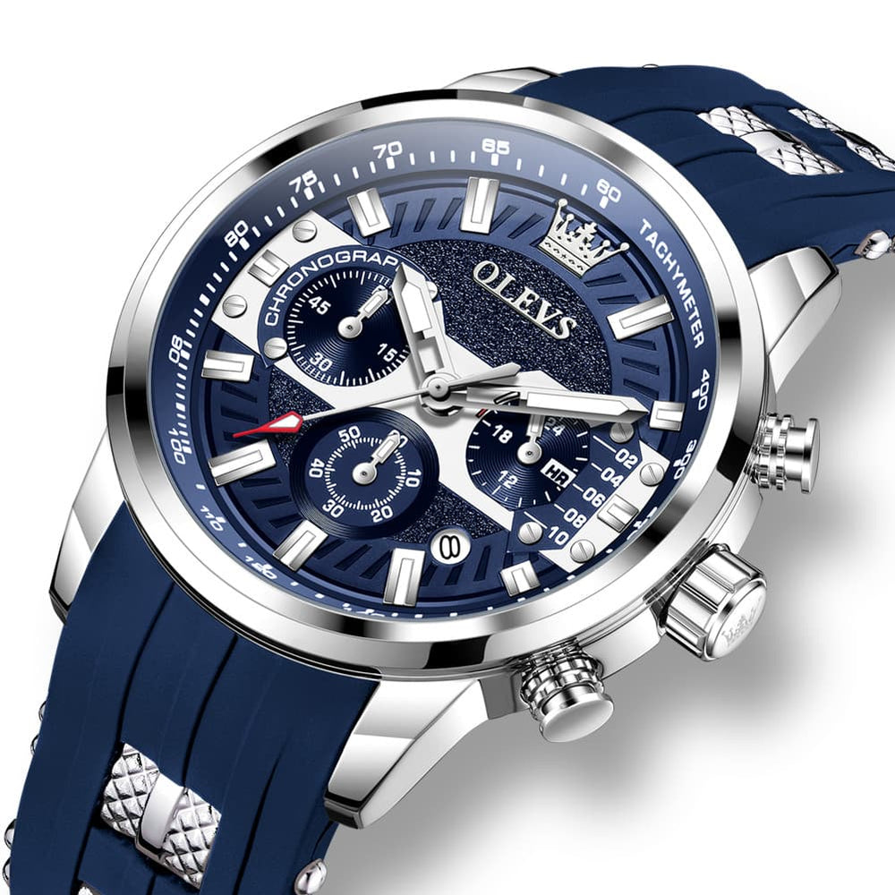 OLEVS 3690 Chronograph Silicone Mens Watch Multifunctional - Silver Blue Watch | Olevs Watch Store