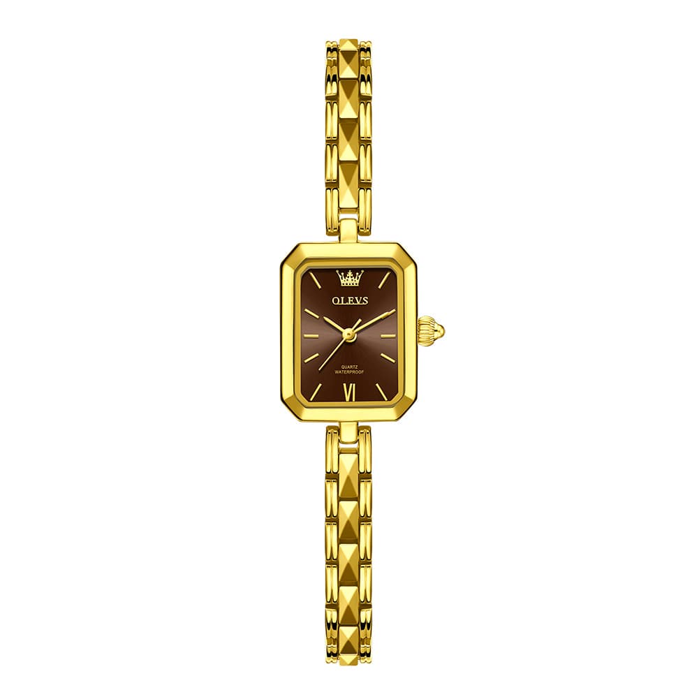 OLEVS 3691 Petite Rectangle Quartz Womens Watch Stainless Steel - All Gold Brown Watch | Olevs Watch Store
