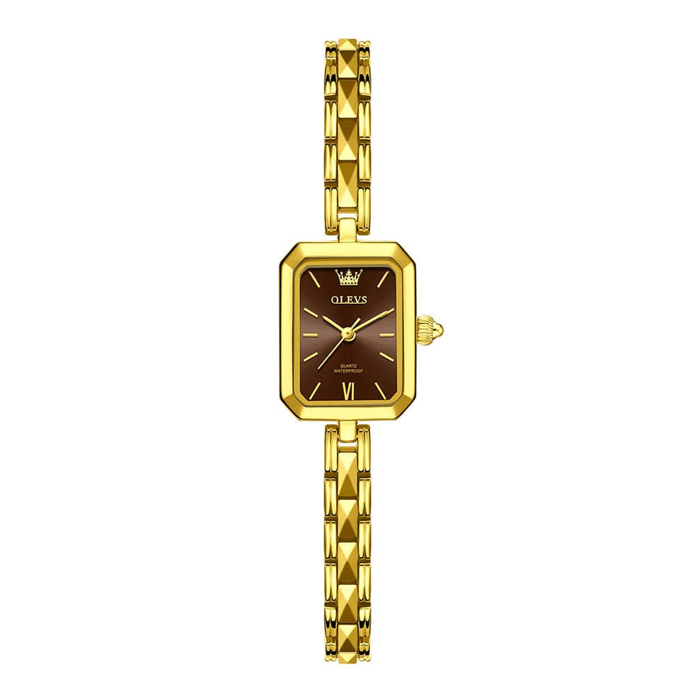 OLEVS 3691 Petite Rectangle Quartz Womens Watch Stainless Steel - All Gold Brown Watch | Olevs Watch Store