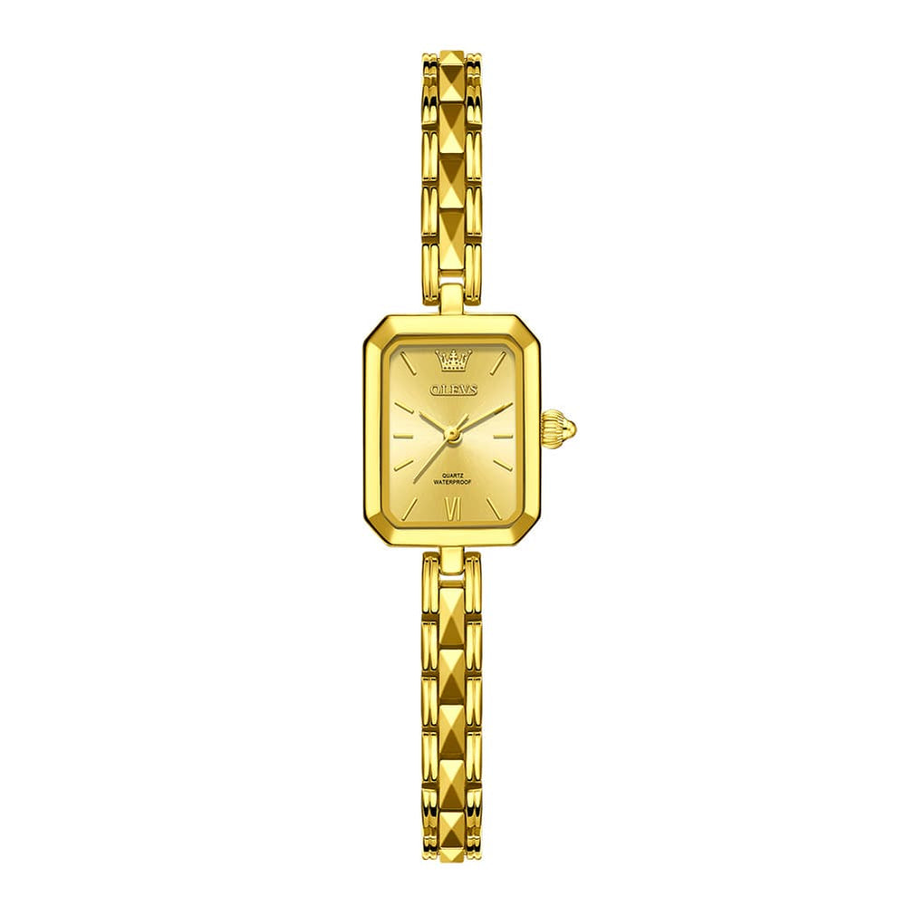 OLEVS 3691 Petite Rectangle Quartz Womens Watch Stainless Steel - All Gold Faceted Watch | Olevs Watch Store