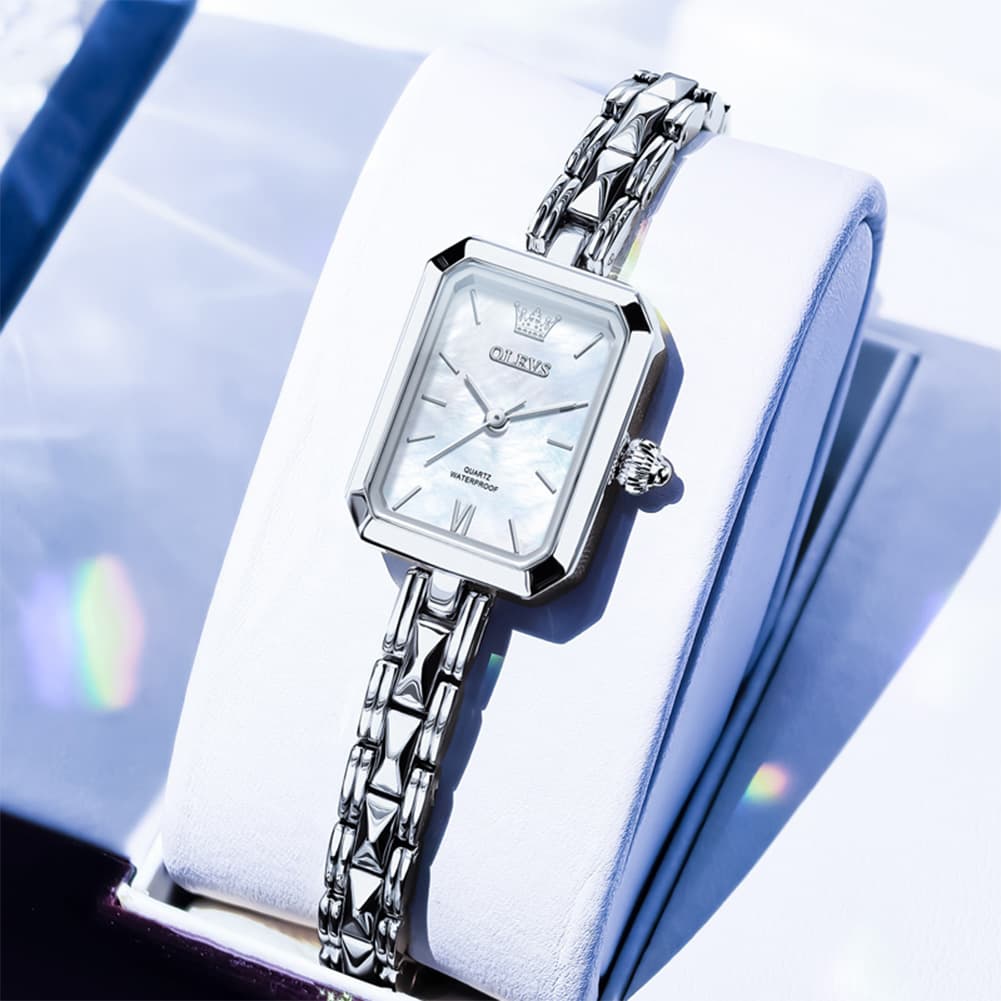 OLEVS 3691 Petite Rectangle Quartz Womens Watch Stainless Steel - Silver White Watch | Olevs Watch Store