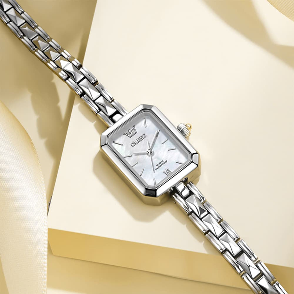 OLEVS 3691 Petite Rectangle Quartz Womens Watch Stainless Steel - Silver White Watch | Olevs Watch Store