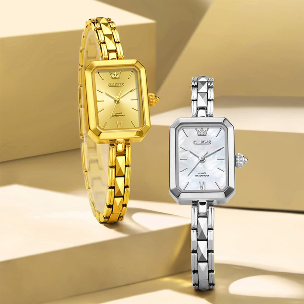 OLEVS 3691 Petite Rectangle Quartz Womens Watch Stainless Steel - Silver White Watch | Olevs Watch Store