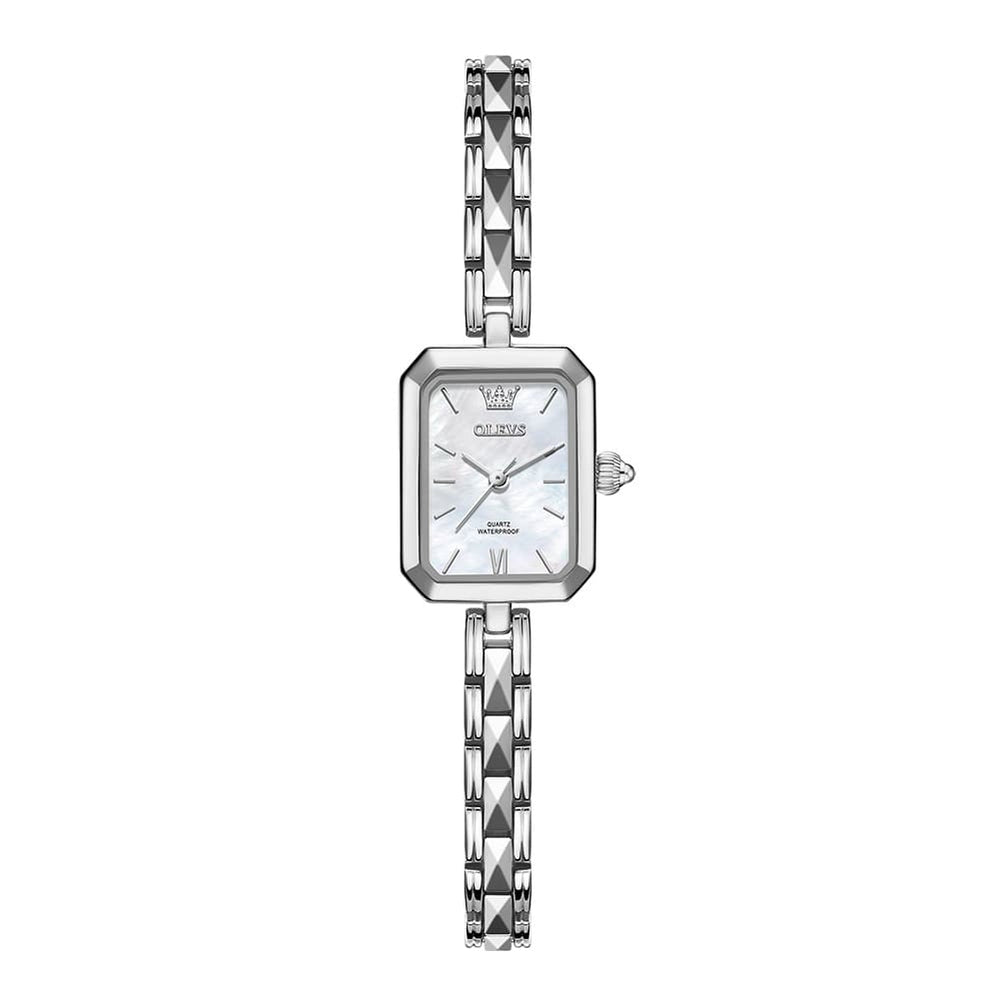OLEVS 3691 Petite Rectangle Quartz Womens Watch Stainless Steel - Silver White Watch | Olevs Watch Store