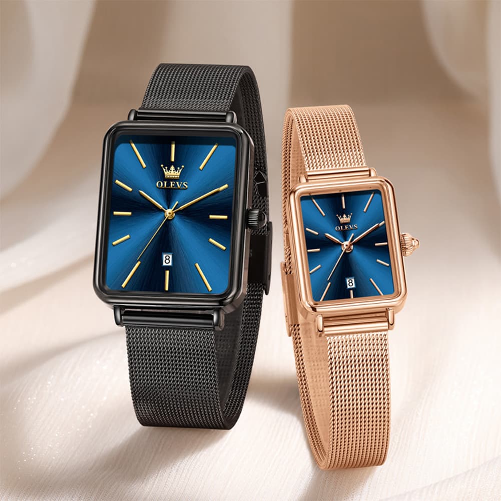 OLEVS 3692 Matching Couples Watch Set Rectangle Minimalist Mesh - Black and Rose Gold Pair Watch | Olevs Watch Store
