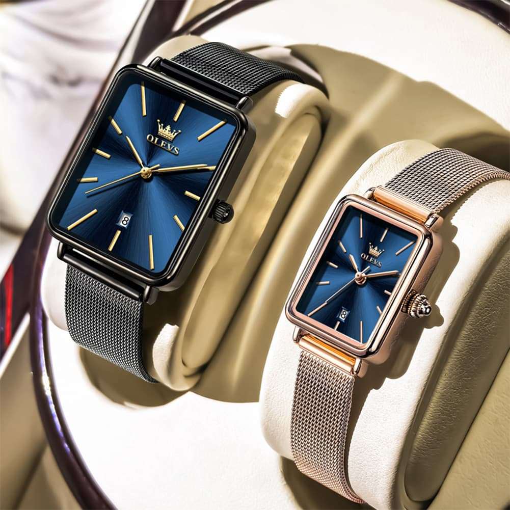 OLEVS 3692 Matching Couples Watch Set Rectangle Minimalist Mesh