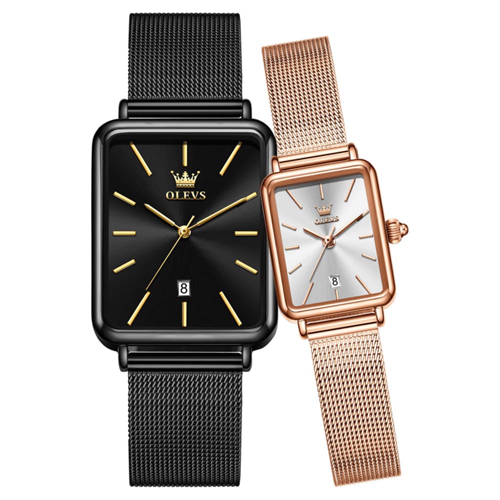 OLEVS 3692 Matching Couples Watch Set Rectangle Minimalist Mesh - Black and Rose Gold Pair Watch | Olevs Watch Store