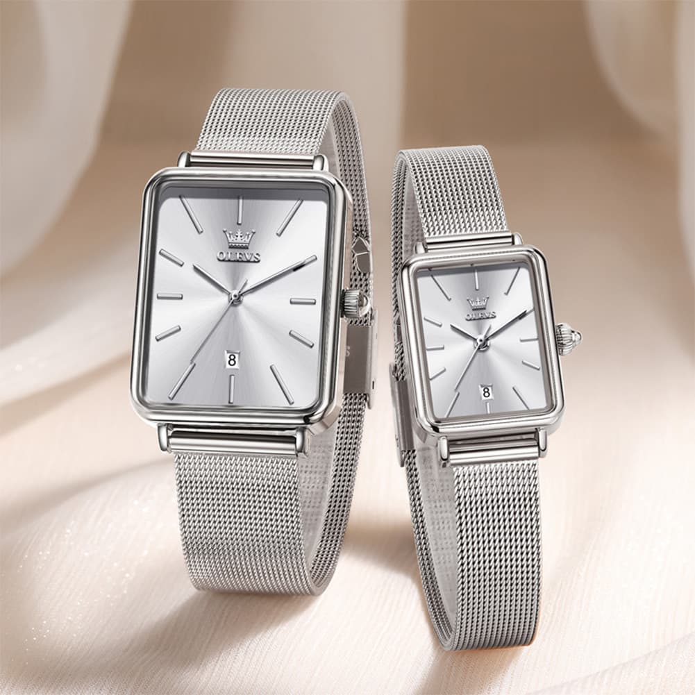 OLEVS 3692 Matching Couples Watch Set Rectangle Minimalist Mesh - Black and Rose Gold Pair Watch | Olevs Watch Store
