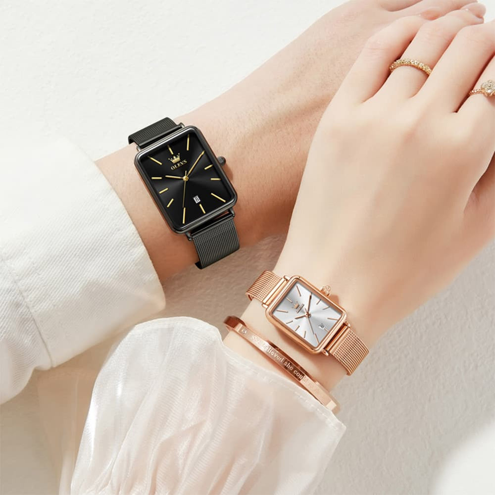 OLEVS 3692 Matching Couples Watch Set Rectangle Minimalist Mesh - Black and Rose Gold Pair Watch | Olevs Watch Store