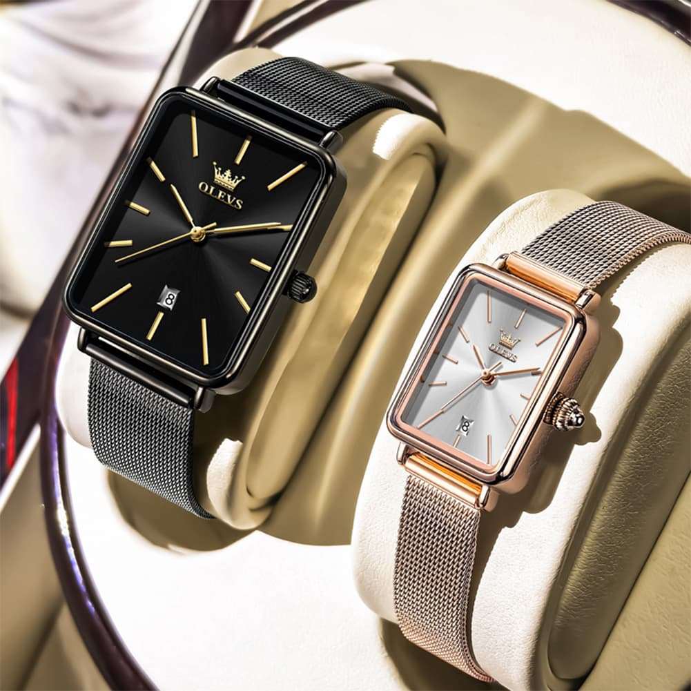 OLEVS 3692 Matching Couples Watch Set Rectangle Minimalist Mesh