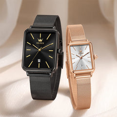 OLEVS 3692 Matching Couples Watch Set Rectangle Minimalist Mesh - Black and Rose Gold Pair Watch | Olevs Watch Store