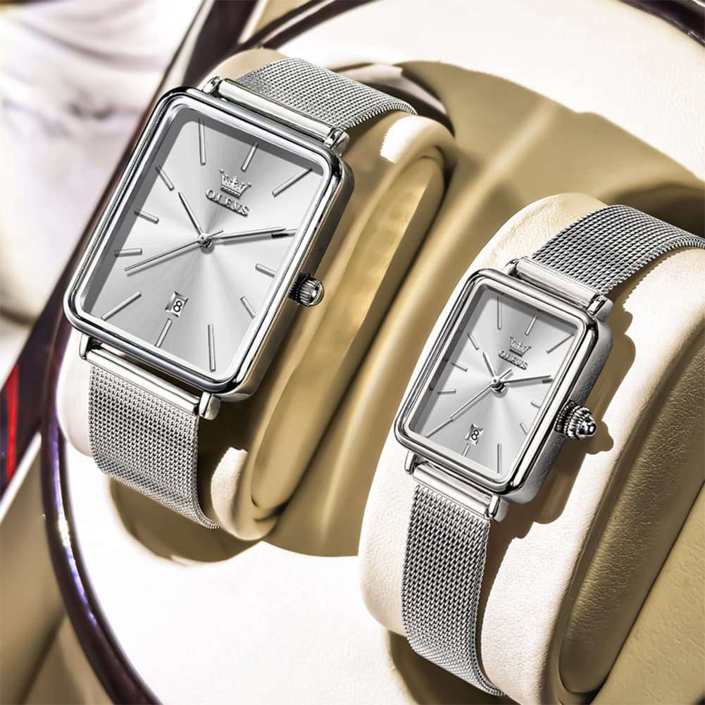 OLEVS 3692 Matching Couples Watch Set Rectangle Minimalist Mesh