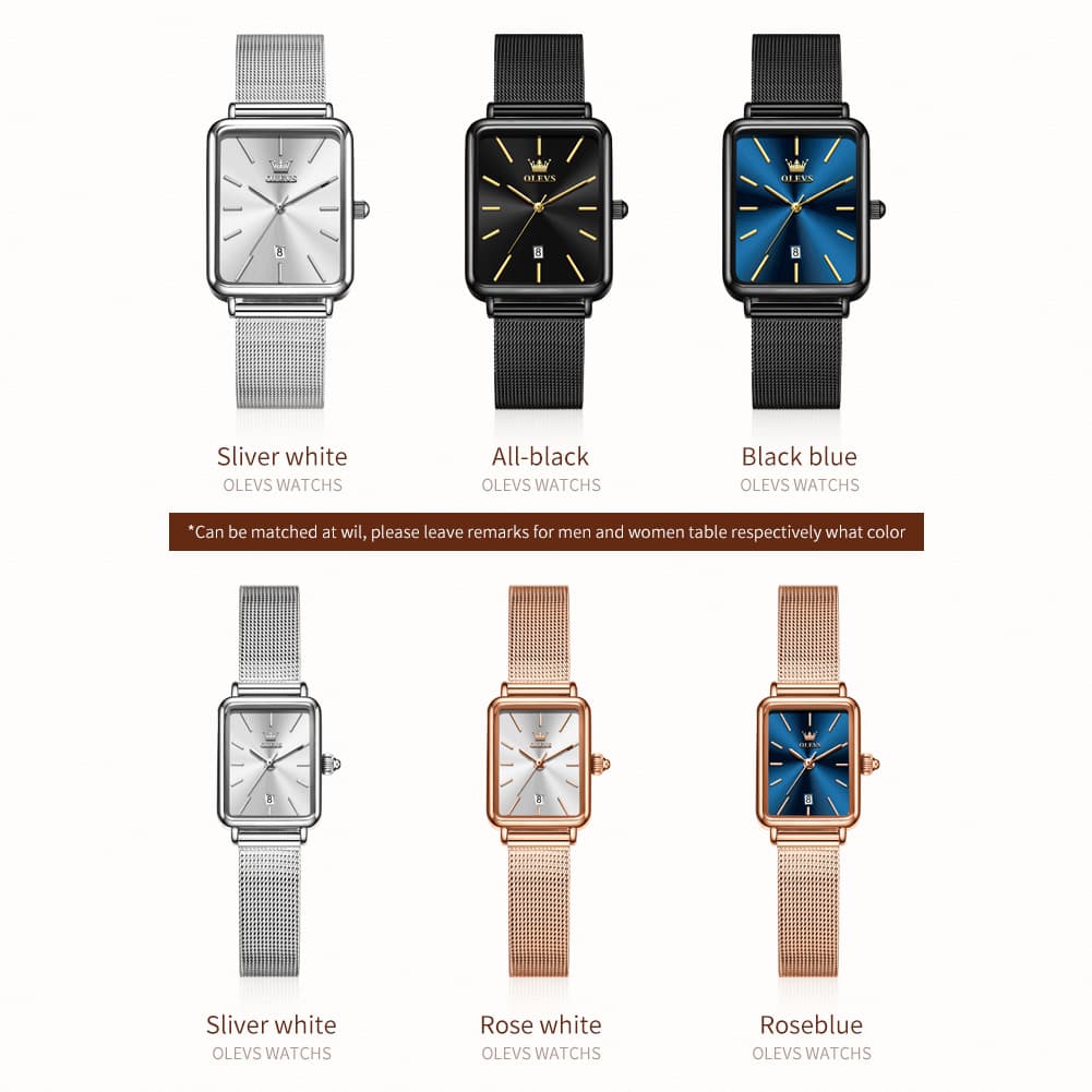 OLEVS 3692 Matching Couples Watch Set Rectangle Minimalist Mesh - Black and Rose Gold Pair Watch | Olevs Watch Store