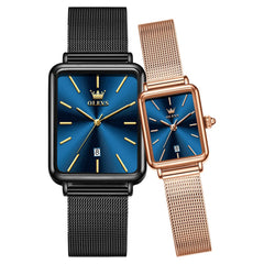 OLEVS 3692 Matching Couples Watch Set Rectangle Minimalist Mesh - Blue and Rose Gold Pair Watch | Olevs Watch Store