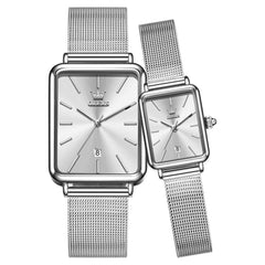 OLEVS 3692 Matching Couples Watch Set Rectangle Minimalist Mesh - Silver White Pair Watch | Olevs Watch Store