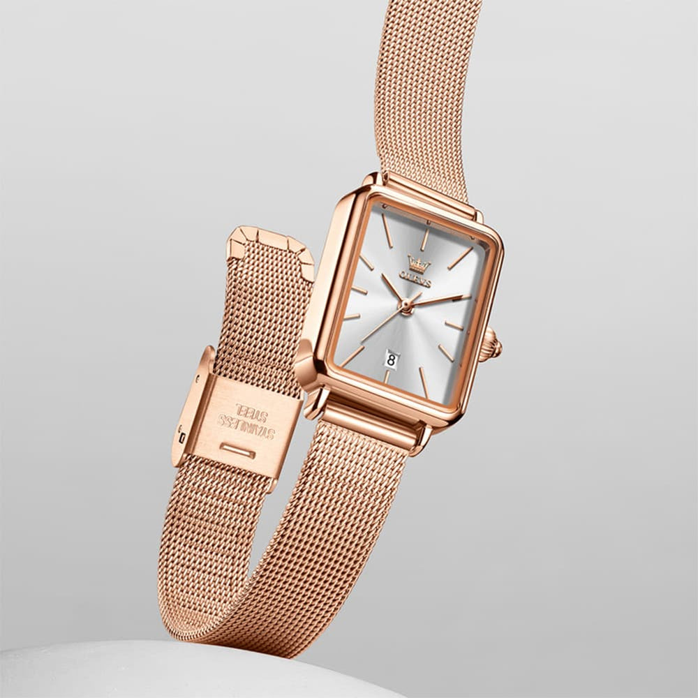 OLEVS 3692 Petite Rectangle Mesh Womens Dress Watch - Rose White Watch | Olevs Watch Store