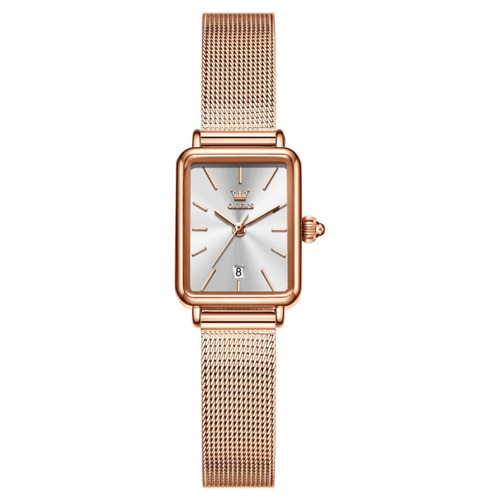 OLEVS 3692 Petite Rectangle Mesh Womens Dress Watch - Rose White Watch | Olevs Watch Store