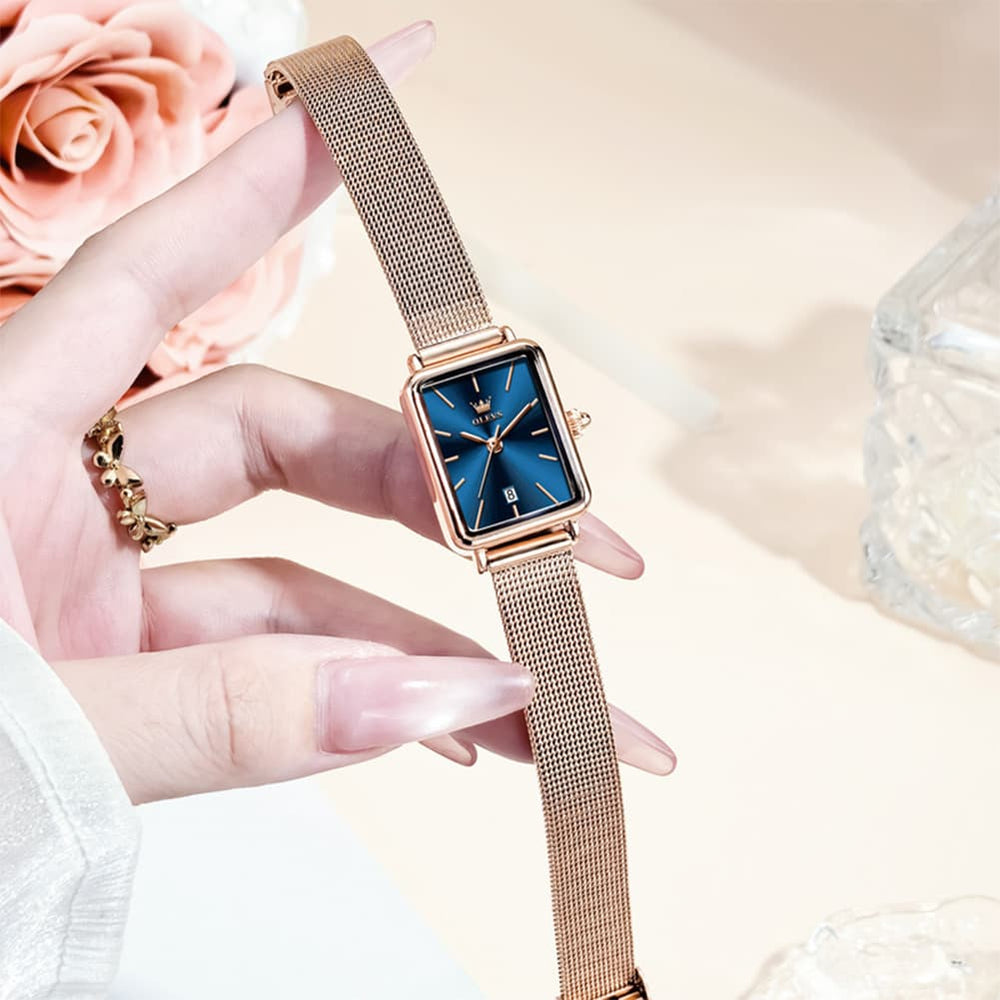 OLEVS 3692 Petite Rectangle Mesh Womens Dress Watch - Rose White Watch | Olevs Watch Store