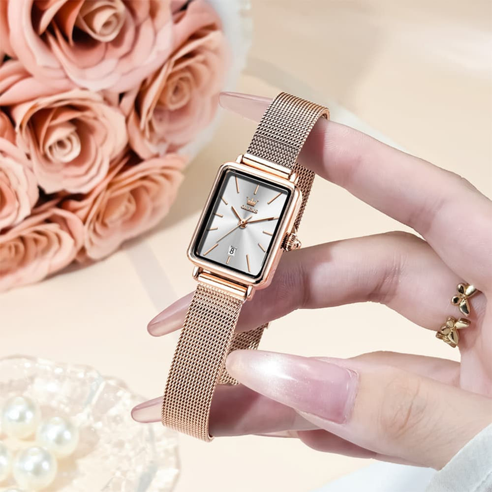 OLEVS 3692 Petite Rectangle Mesh Womens Dress Watch - Rose White Watch | Olevs Watch Store