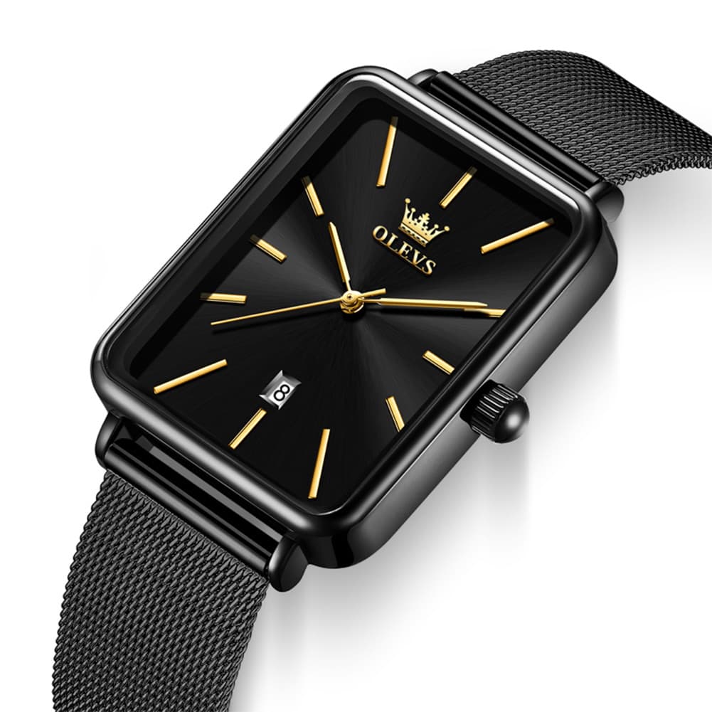 OLEVS 3692 Rectangle Minimalist Mesh Mens Dress Watch - All Black Watch | Olevs Watch Store