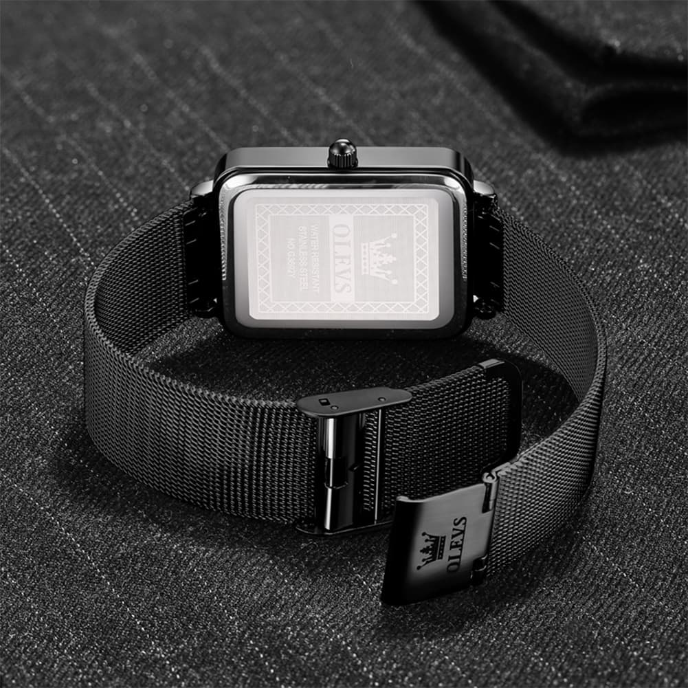 OLEVS 3692 Rectangle Minimalist Mesh Mens Dress Watch - All Black Watch | Olevs Watch Store