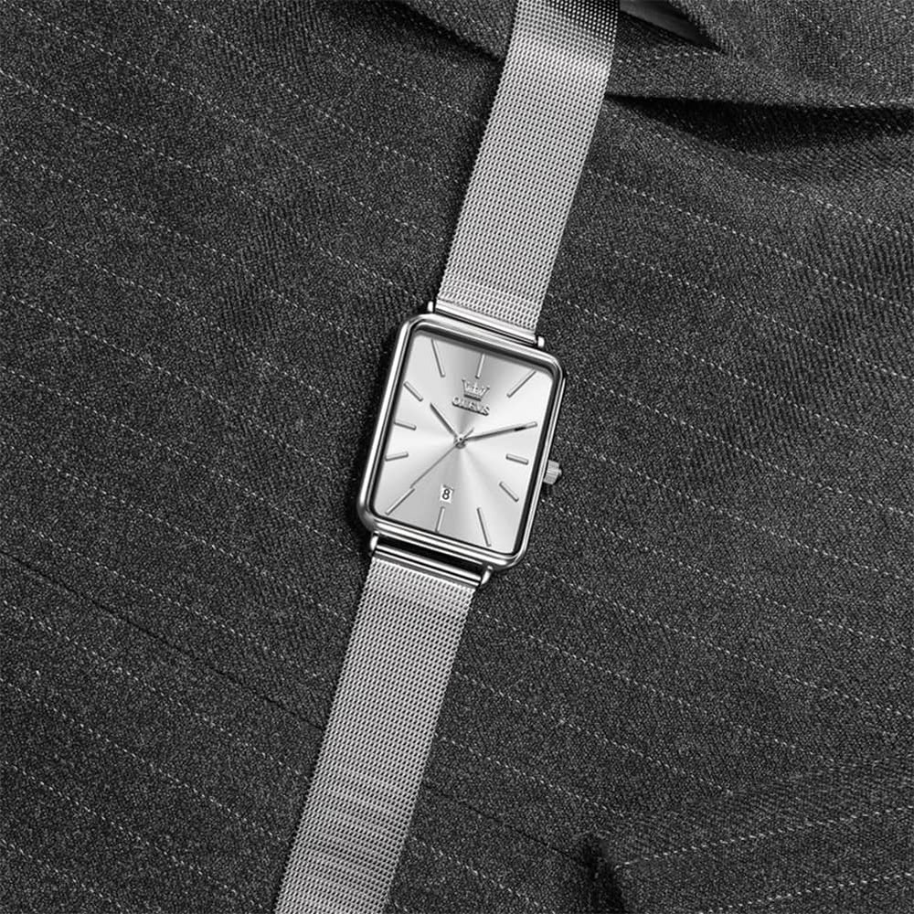 OLEVS 3692 Rectangle Minimalist Mesh Mens Dress Watch - All Black Watch | Olevs Watch Store