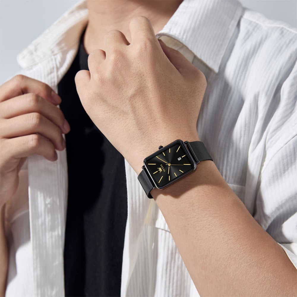 OLEVS 3692 Rectangle Minimalist Mesh Mens Dress Watch - All Black Watch | Olevs Watch Store