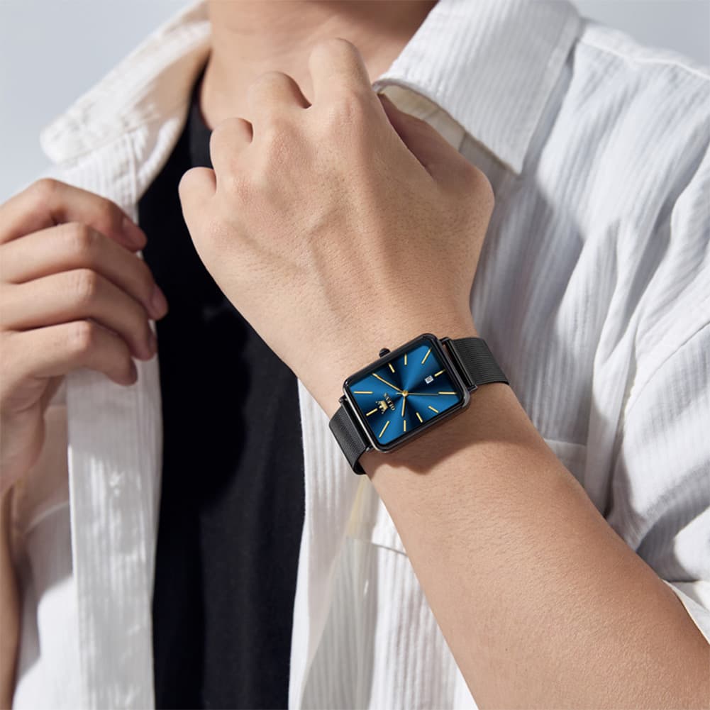 OLEVS 3692 Rectangle Minimalist Mesh Mens Dress Watch - All Black Watch | Olevs Watch Store