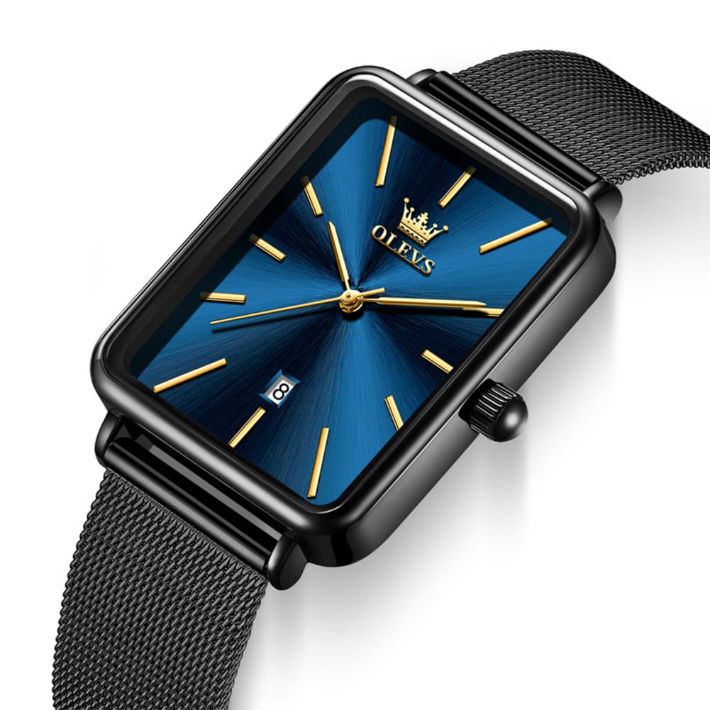 OLEVS 3692 Rectangle Minimalist Mesh Mens Dress Watch - Black Blue Watch | Olevs Watch Store