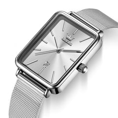 OLEVS 3692 Rectangle Minimalist Mesh Mens Dress Watch - Silver White Watch | Olevs Watch Store