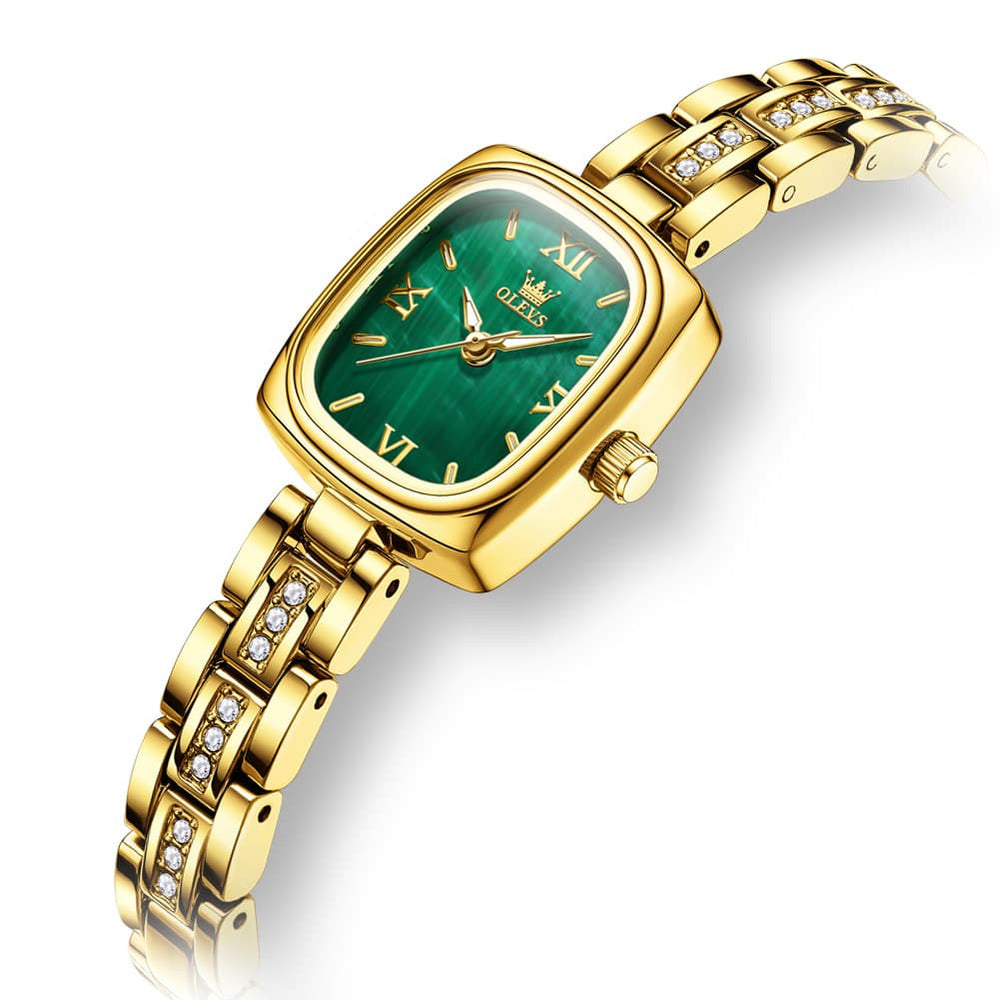 OLEVS 3695 Petite Crystal Bracelet Quartz Womens Watch - Emerald Gold Watch | Olevs Watch Store