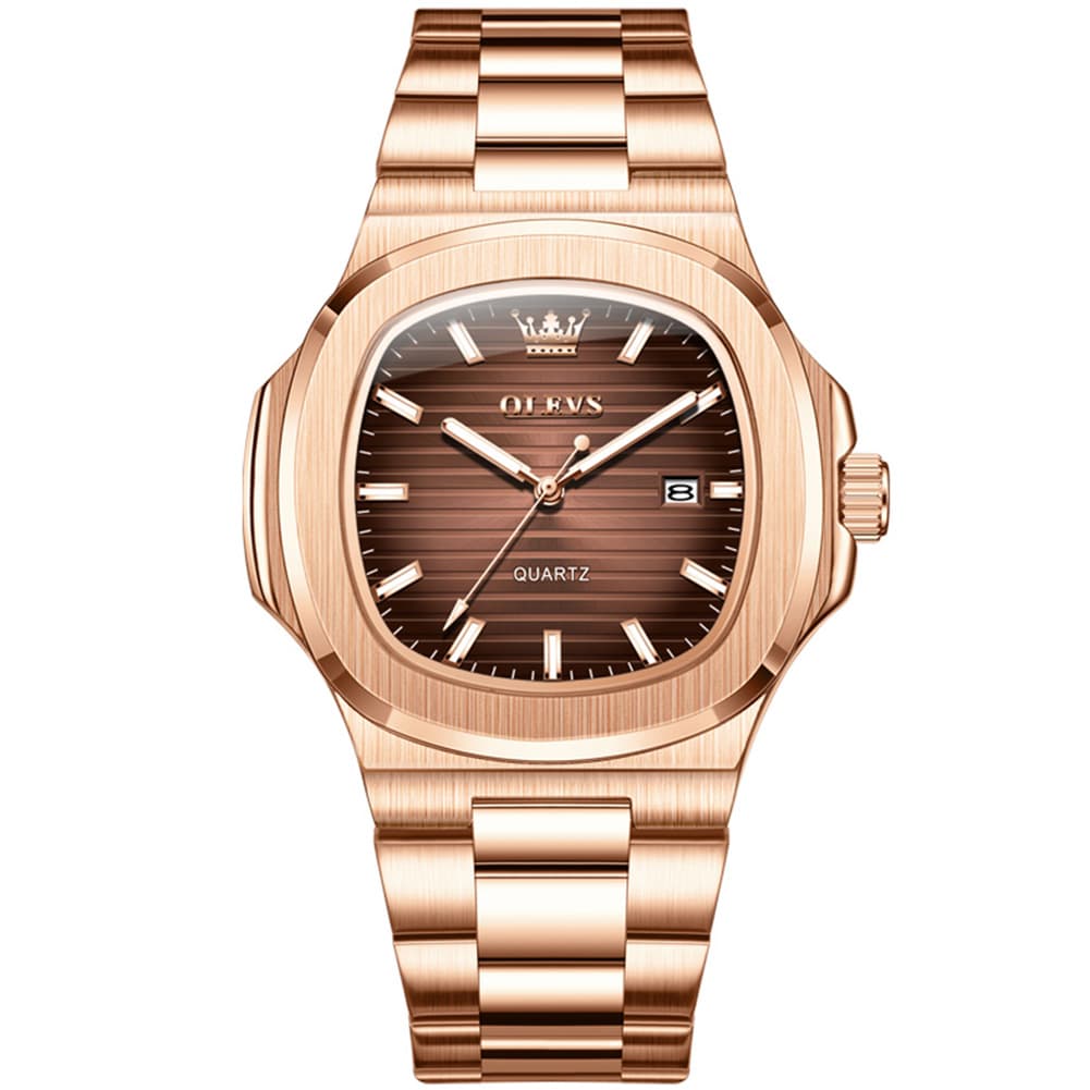 OLEVS 3696 Octagon Embossed Dial Luxury Sport Watch for Men - Rose Gold Brown Watch | Olevs Watch Store