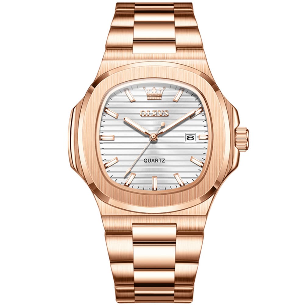 OLEVS 3696 Octagon Embossed Dial Luxury Sport Watch for Men - Rose Gold White Watch | Olevs Watch Store