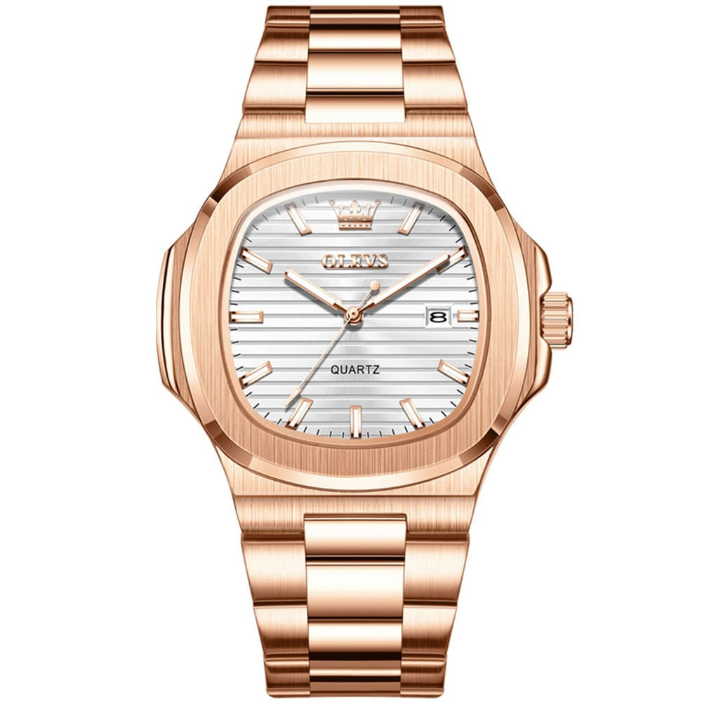 OLEVS 3696 Octagon Embossed Dial Luxury Sport Watch for Men - Rose Gold White Watch | Olevs Watch Store