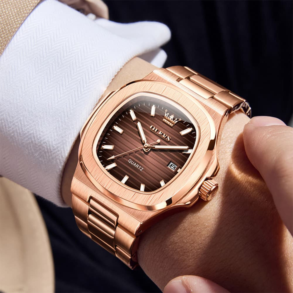 OLEVS 3696 Octagon Embossed Dial Luxury Sport Watch for Men - Rose Gold White Watch | Olevs Watch Store