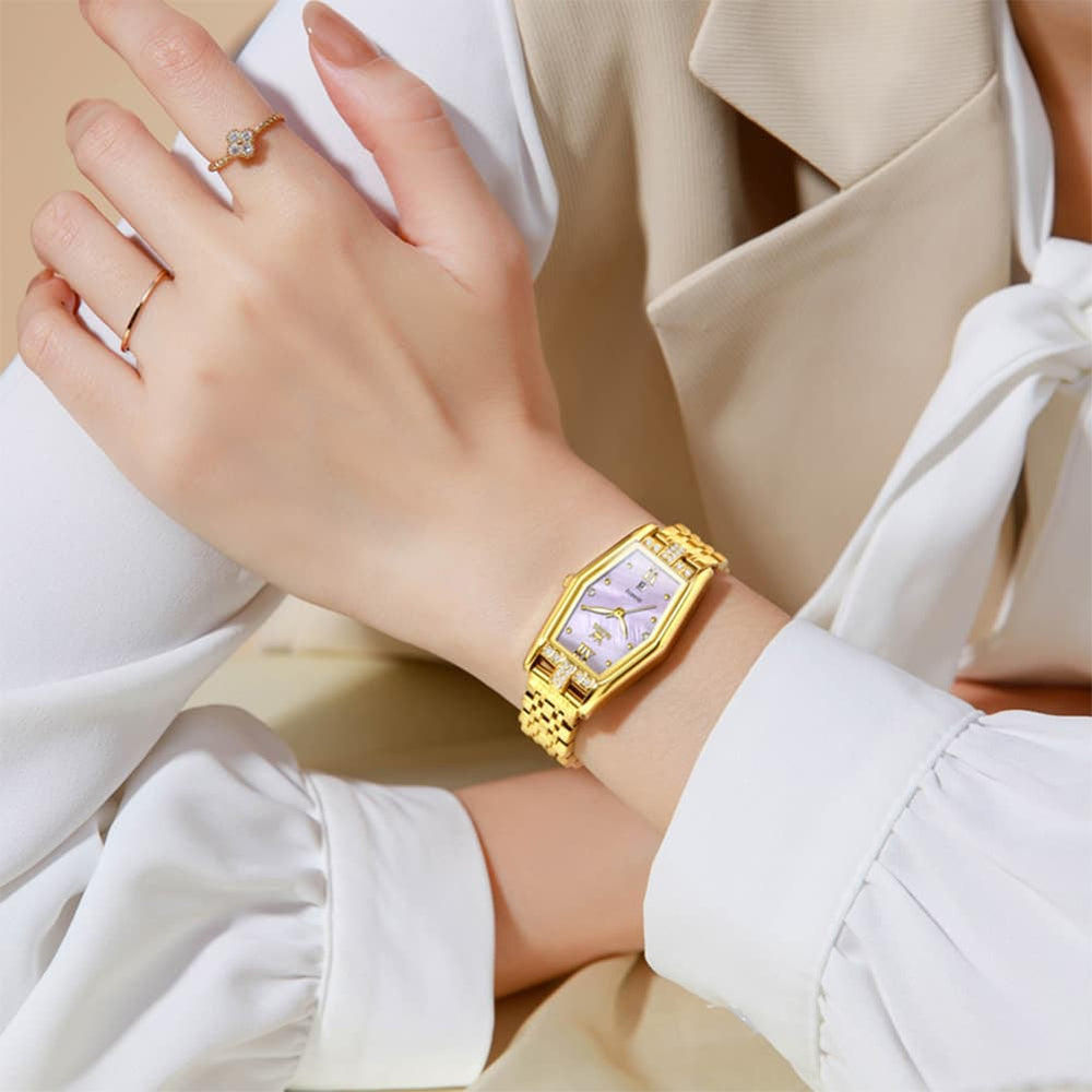 OLEVS 3699 Tonneau Geometric Crystal Womens Dress Watch - Gold Black Watch | Olevs Watch Store