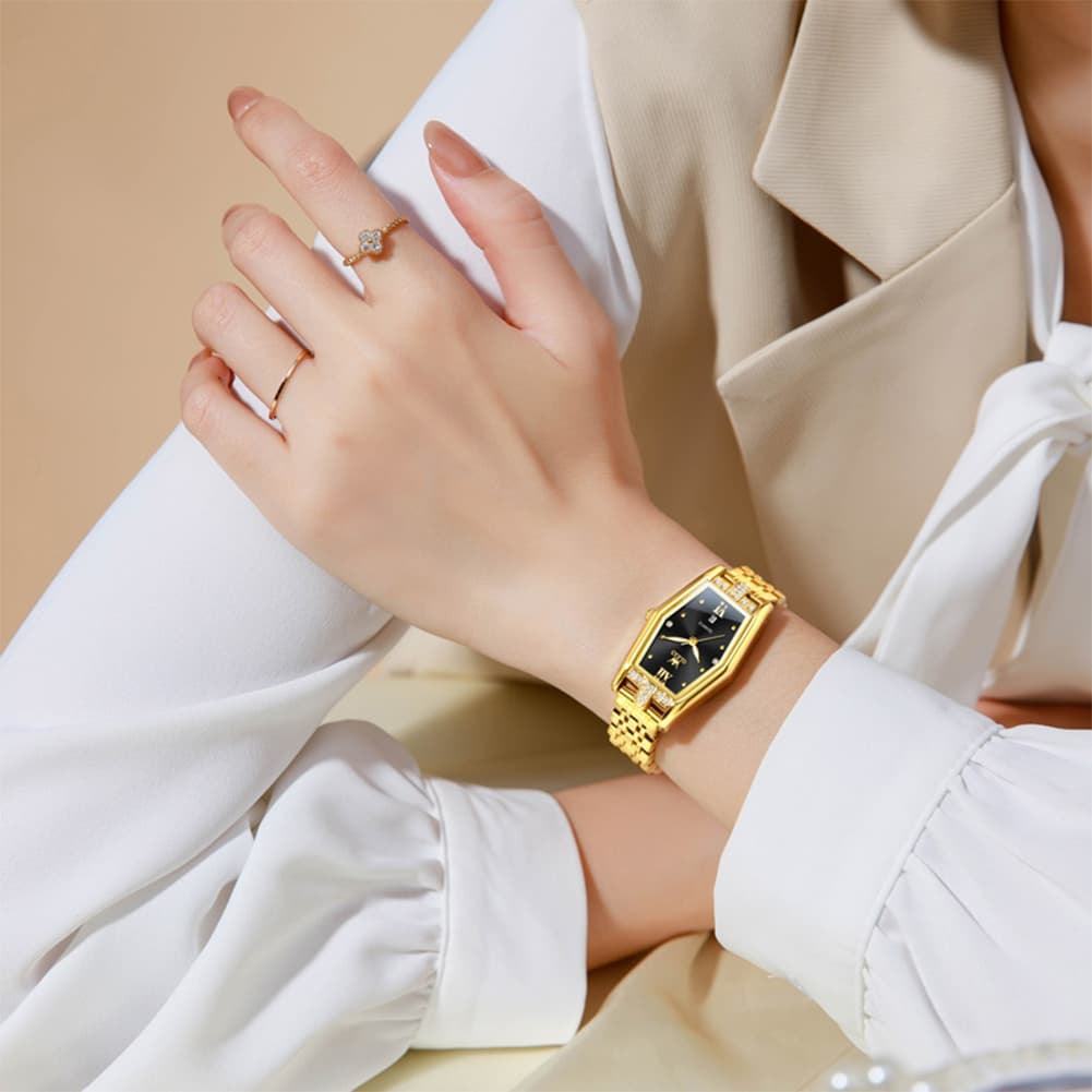 OLEVS 3699 Tonneau Geometric Crystal Womens Dress Watch - Gold Black Watch | Olevs Watch Store